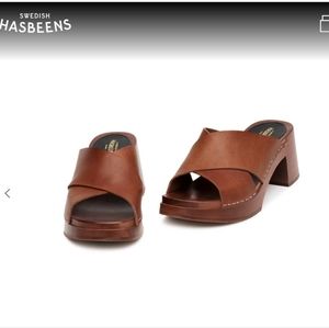 Swedish Hasbeens cognac tan anette high slip in clogs leather sandals shoes